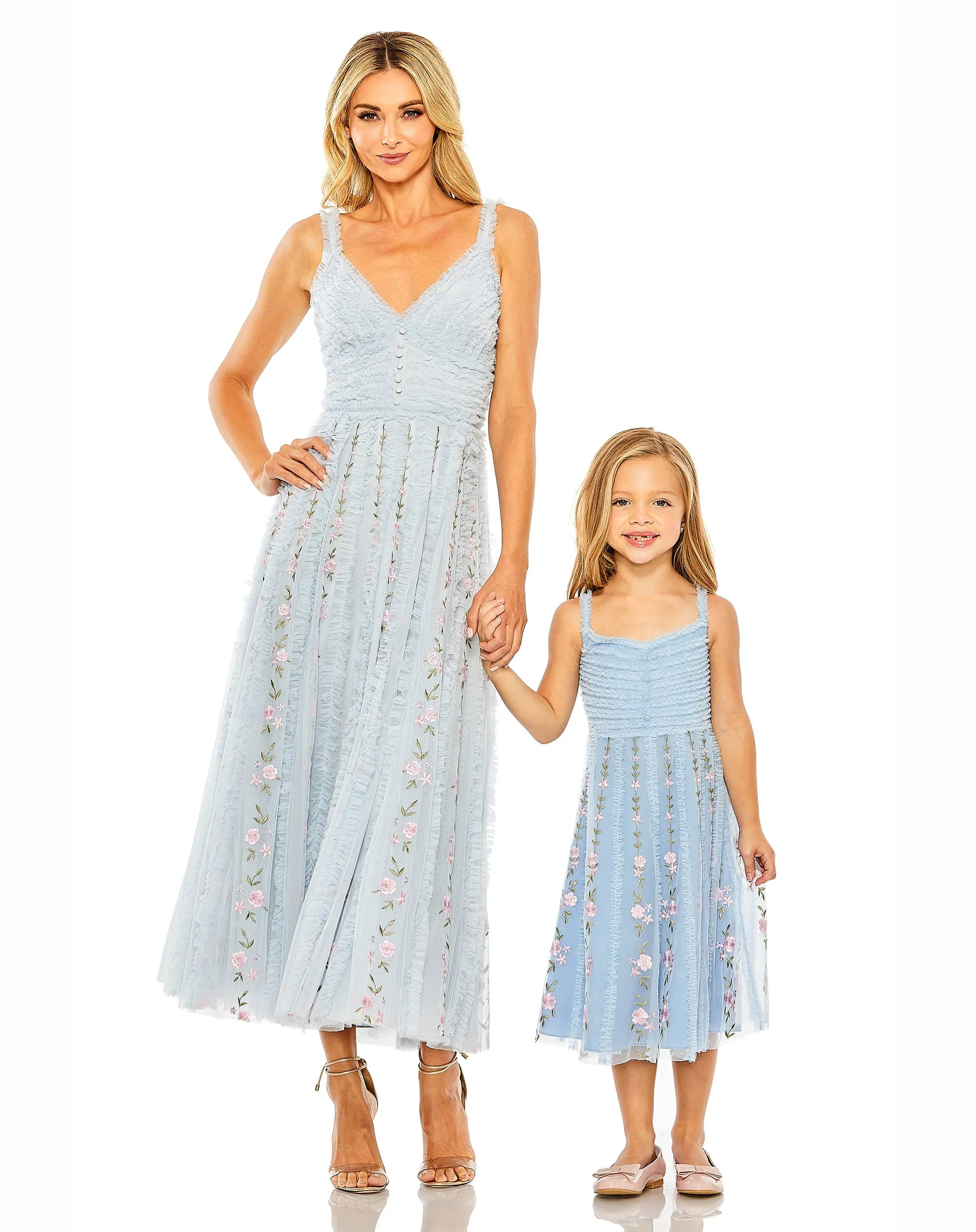 Girls Light Blue Ruffle Floral Embroidered Detail Mini Dress sold by Mac Duggal product image thumbnail 4