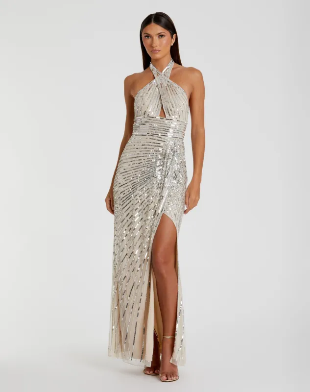 Silver Embellished Keyhole Halter Strap Column Dress sold by Mac Duggal