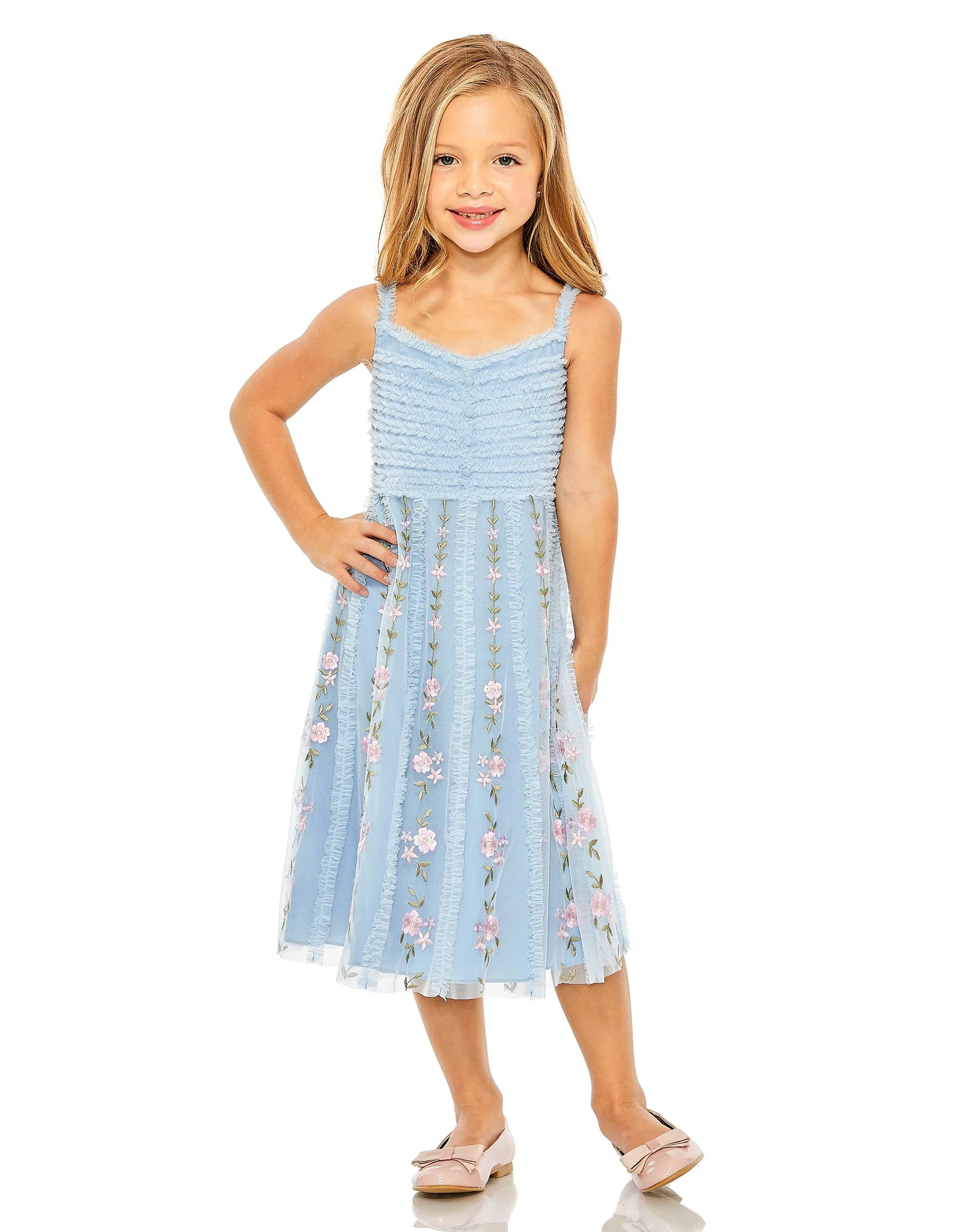Girls Light Blue Ruffle Floral Embroidered Detail Mini Dress sold by Mac Duggal