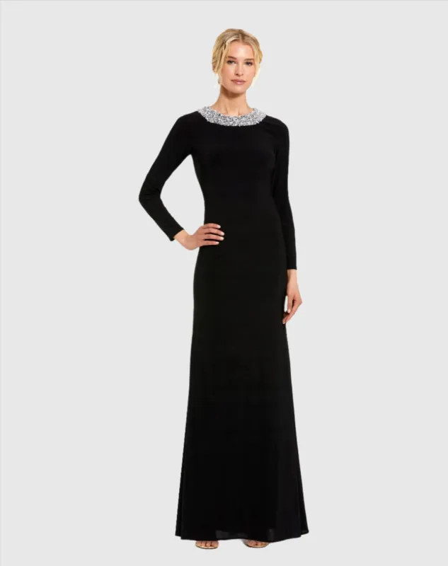 Black Jersey Long Sleeve Fitted Gown With Beaded Neck sold by Mac Duggal