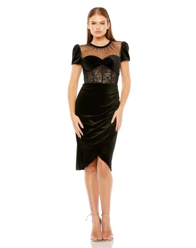 Black Short Sleeve Sheer Top Lace Bustier Dress sold by Mac Duggal