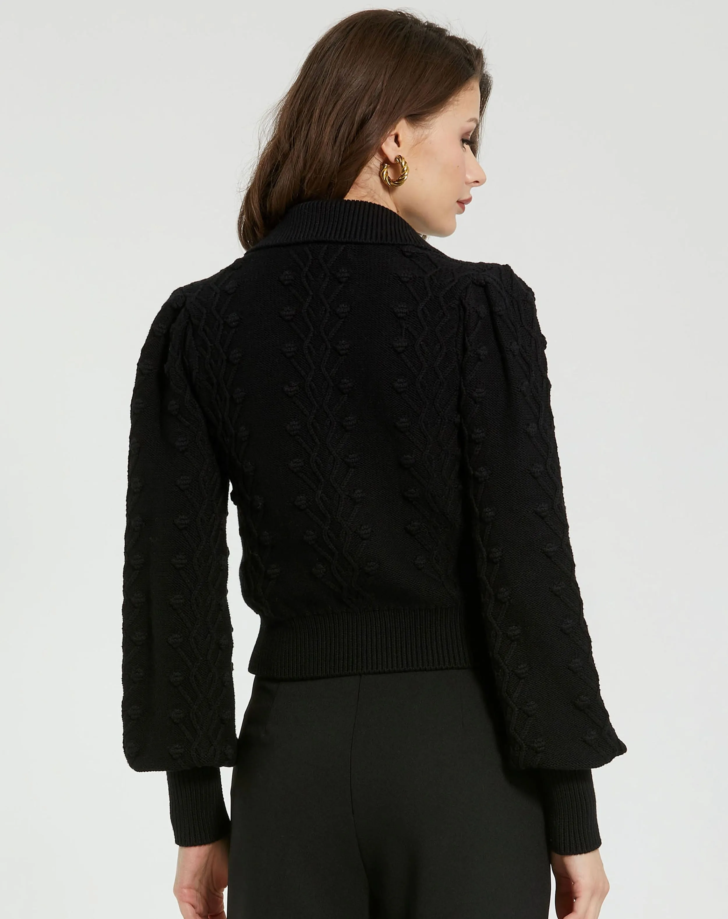 Black Cropped Bobble Cable Knit Button Up Cardigan Sweater sold by Mac Duggal product image thumbnail 4