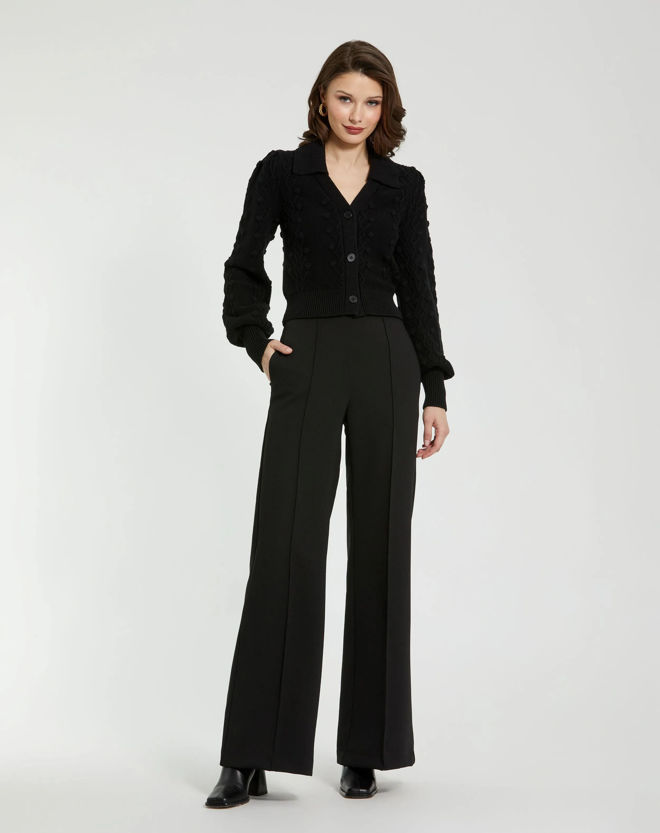 Black Cropped Bobble Cable Knit Button Up Cardigan Sweater sold by Mac Duggal product image thumbnail 3