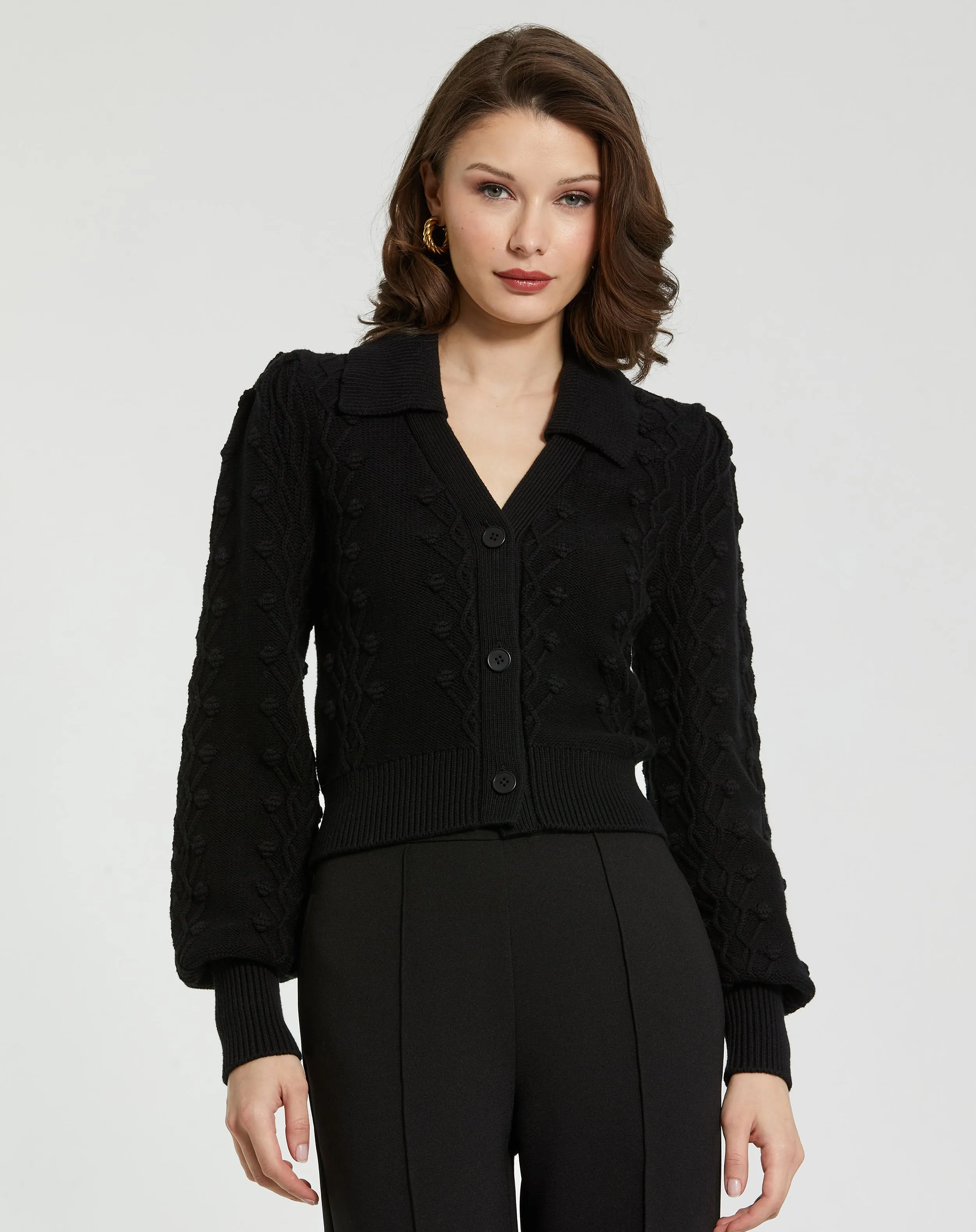 Black Cropped Bobble Cable Knit Button Up Cardigan Sweater sold by Mac Duggal