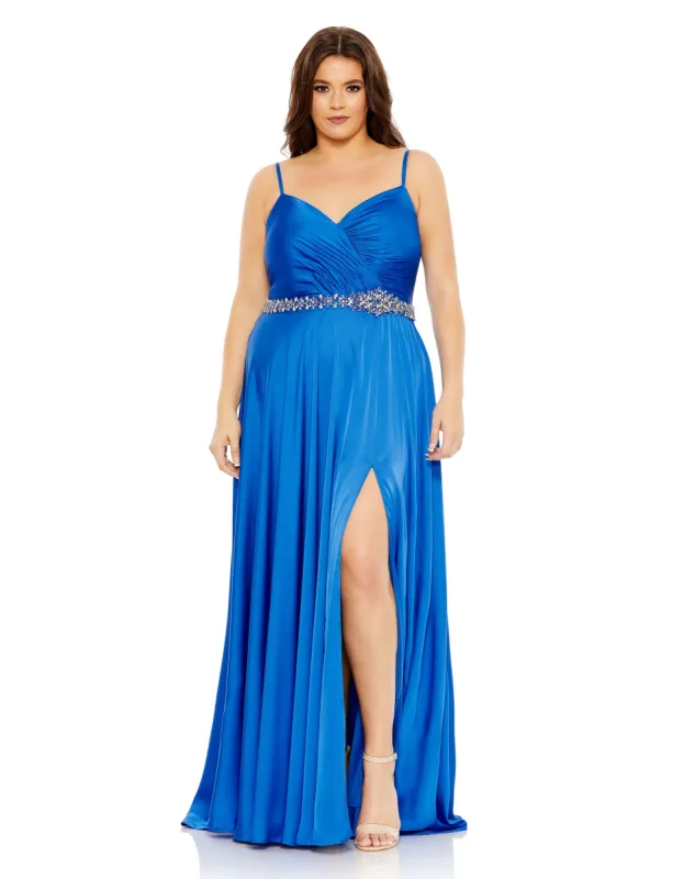 Blue Beaded Belt Faux Wrap A Line Gown (Plus) sold by Mac Duggal
