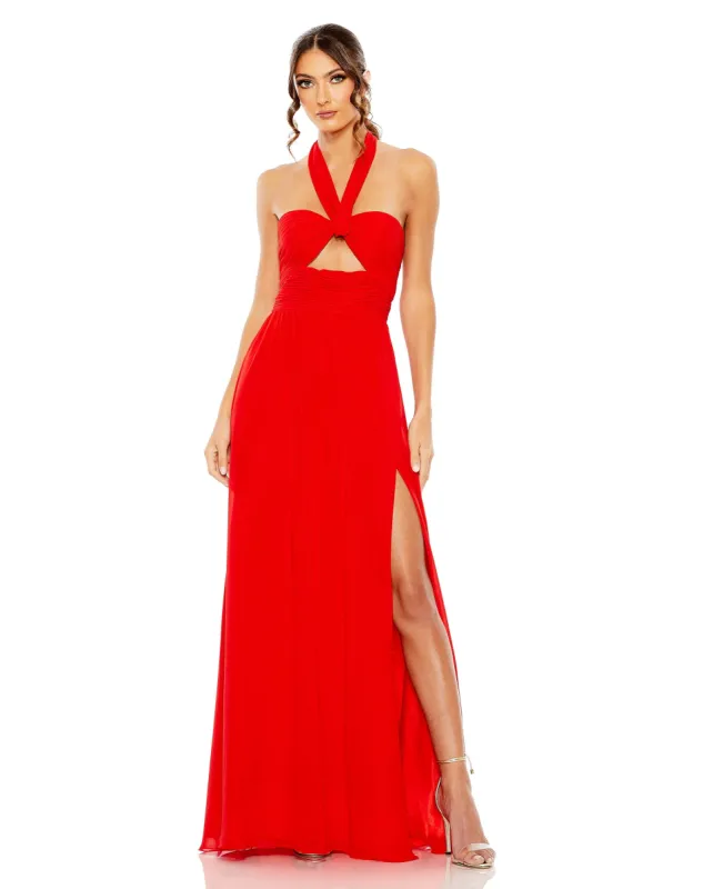 Yellow Ruched Halter Strap Keyhole Chiffon Gown sold by Mac Duggal
