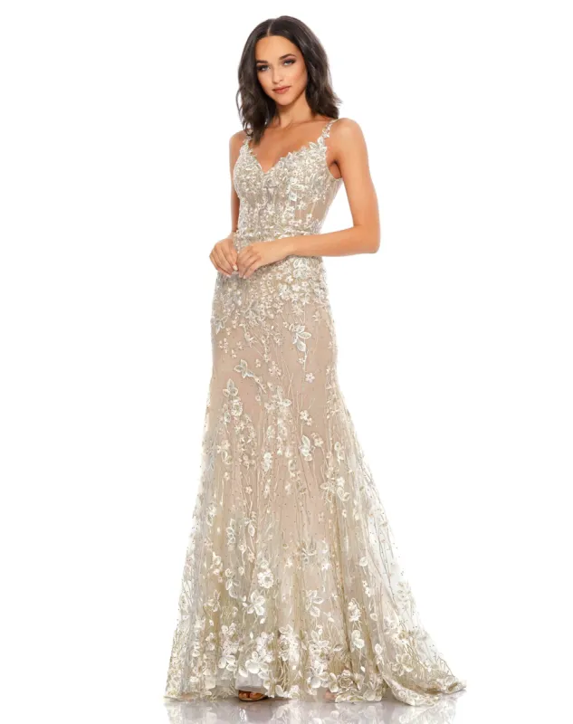Beige Floral Embroidered Tulle Trumpet Gown sold by Mac Duggal