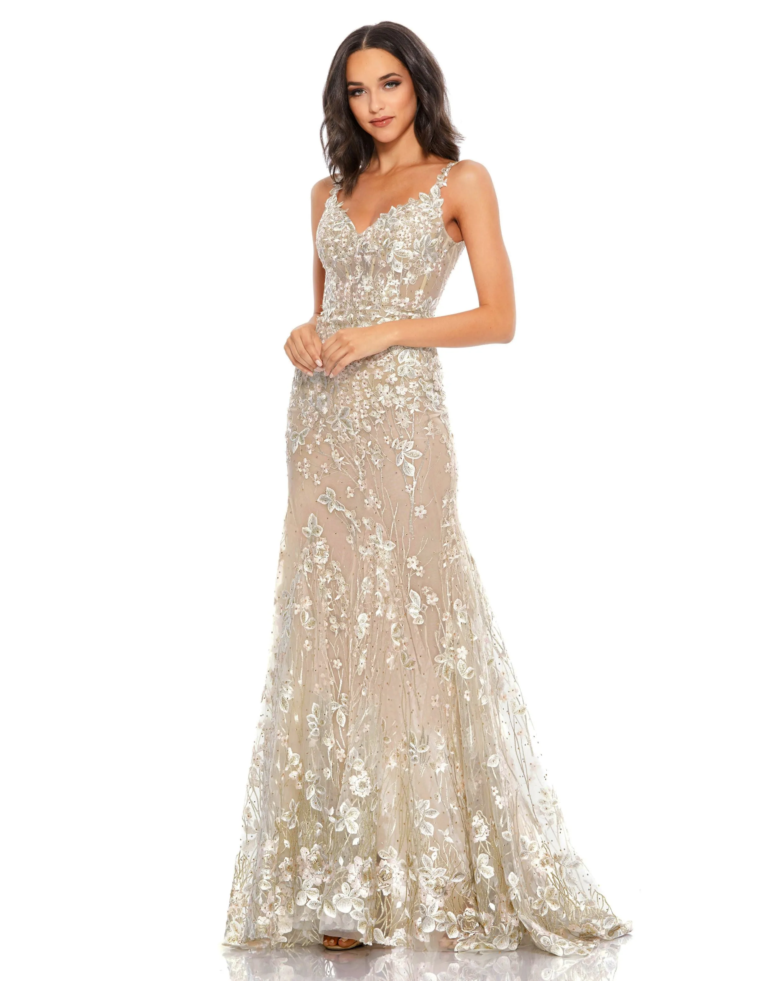 Beige Floral Embroidered Tulle Trumpet Gown sold by Mac Duggal