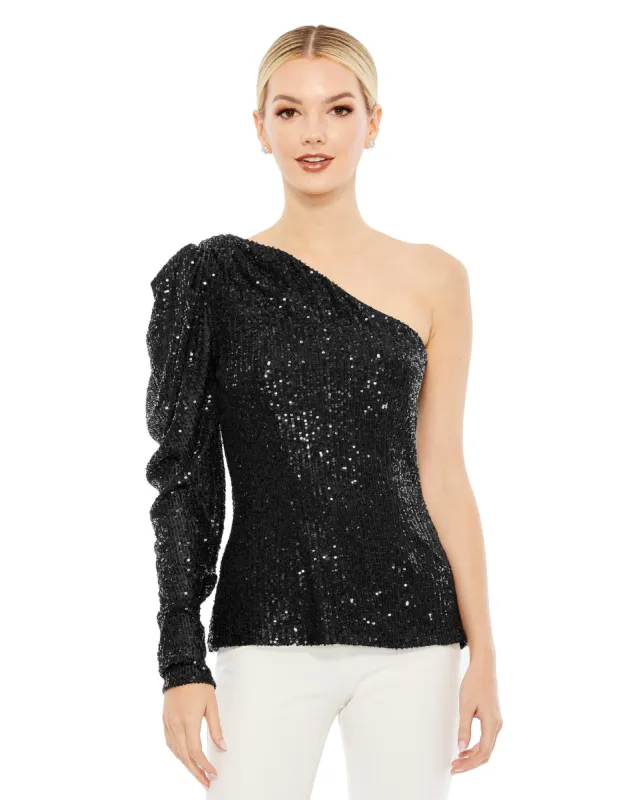 Black One Shoulder Puff Sleeve Sequin Top - FINAL SALE sold by Mac Duggal
