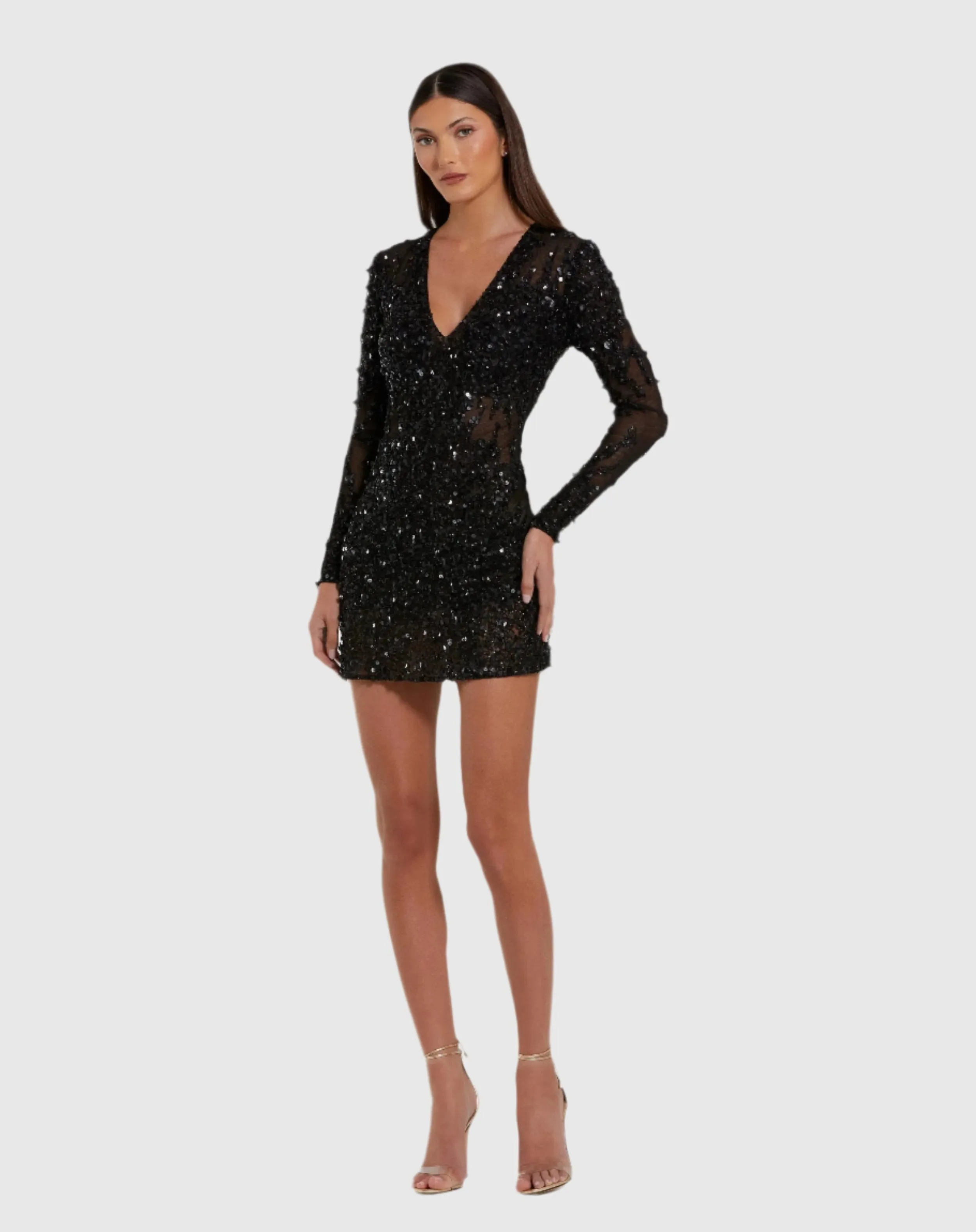 Black Long Sleeve Sheer Embellished Mini Dress sold by Mac Duggal