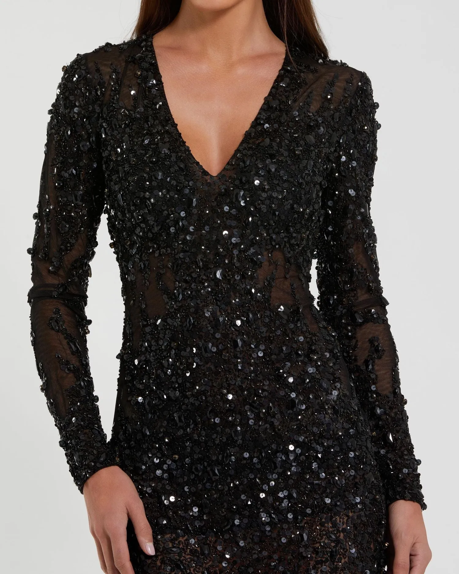 Black Long Sleeve Sheer Embellished Mini Dress sold by Mac Duggal product image thumbnail 2