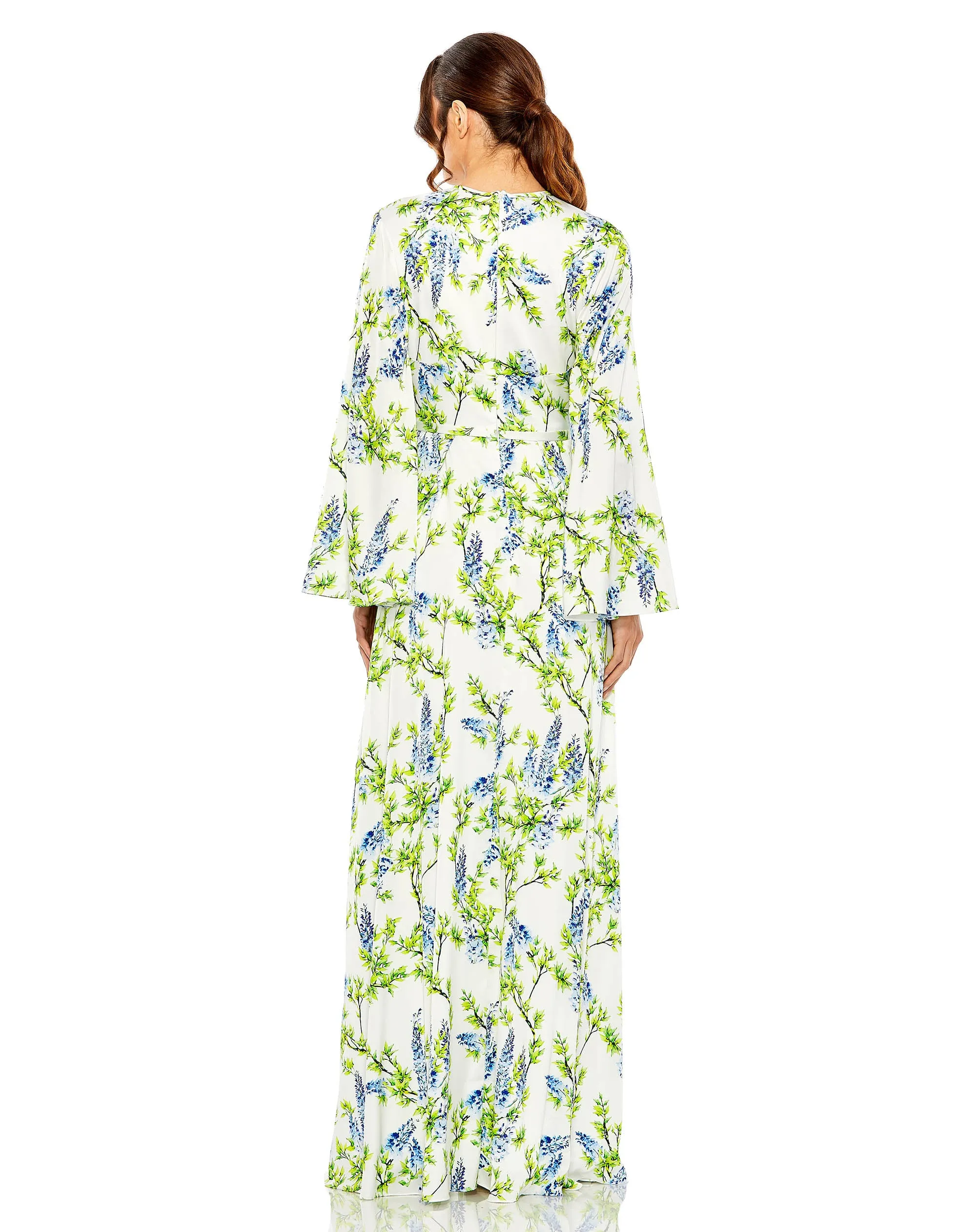 Charmeuse Floral Print Soft Tie Keyhole Bell Sleeve | Sample | Sz. 2 sold by Mac Duggal product image thumbnail 2