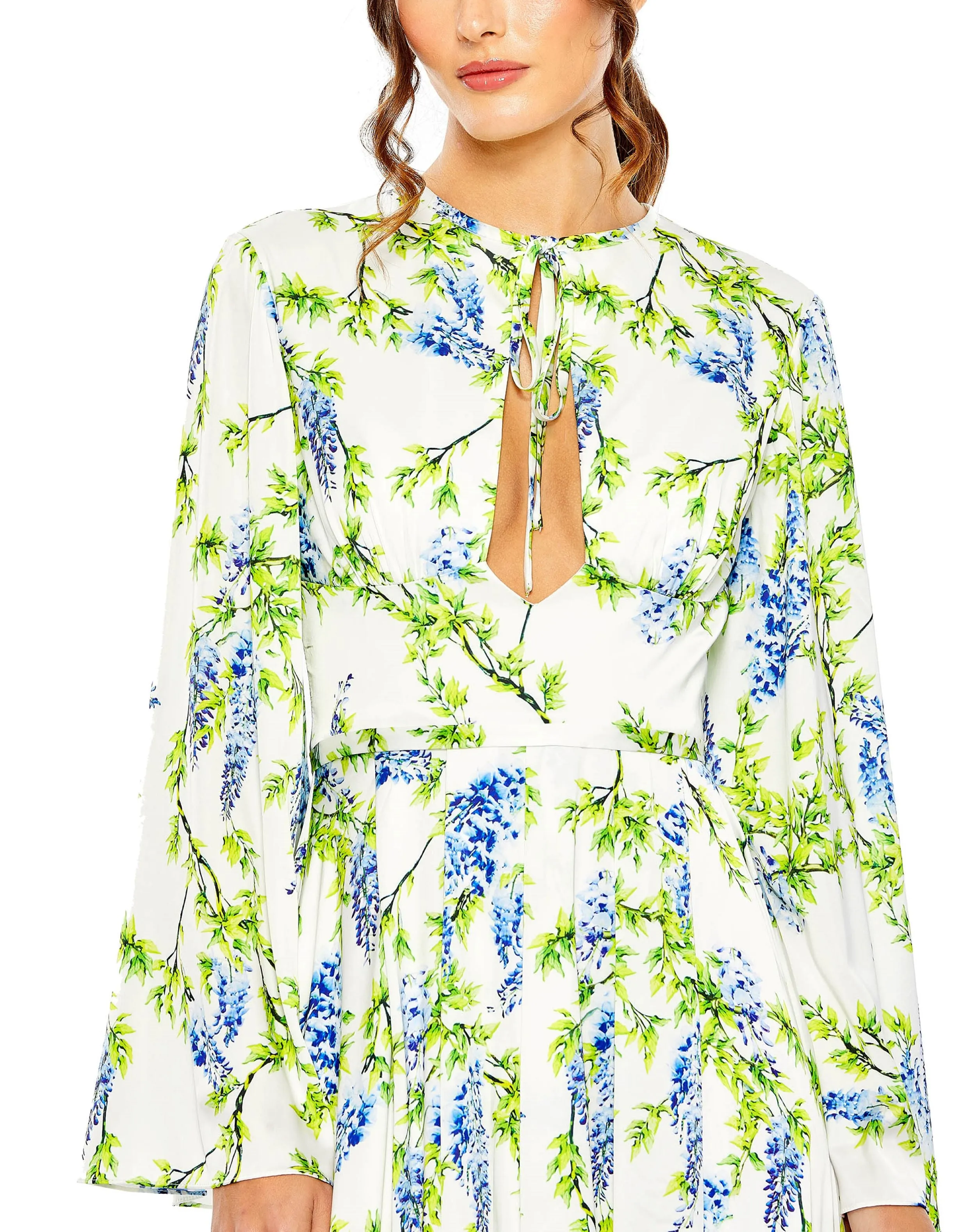 Charmeuse Floral Print Soft Tie Keyhole Bell Sleeve | Sample | Sz. 2 sold by Mac Duggal product image thumbnail 3