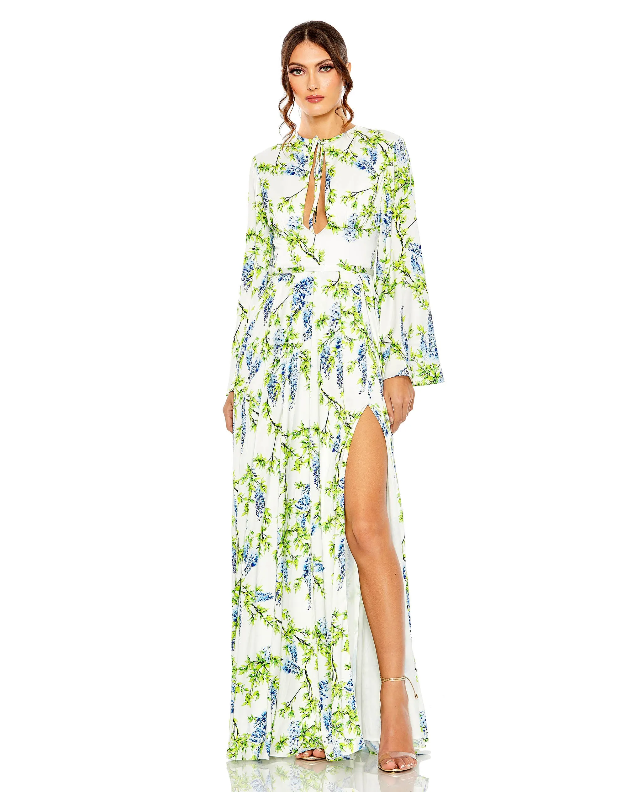 Charmeuse Floral Print Soft Tie Keyhole Bell Sleeve | Sample | Sz. 2 sold by Mac Duggal
