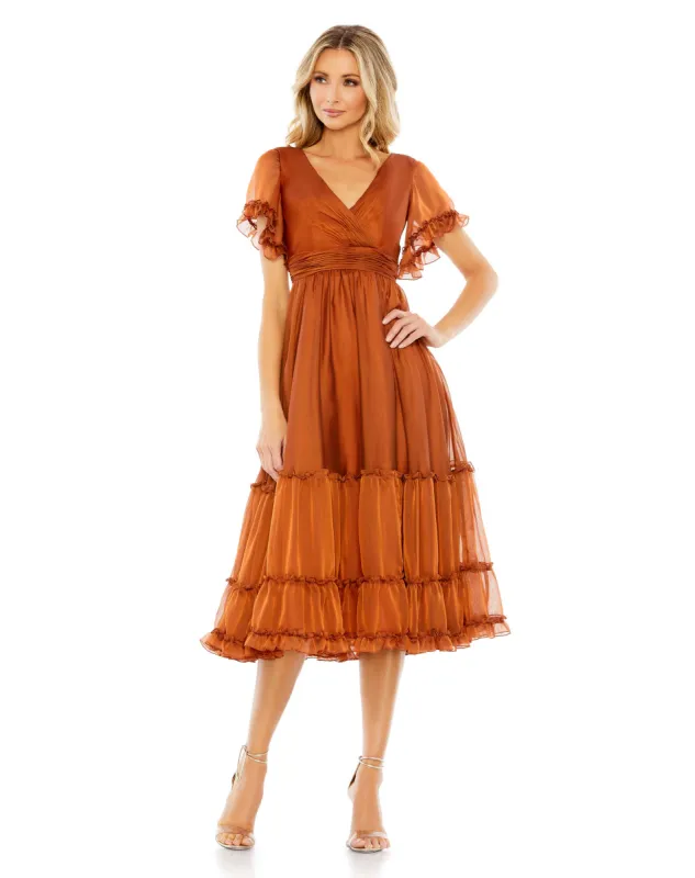 Orange Tea Length Ruffled Dress w/ Sheer Flutter Sleeves sold by Mac Duggal