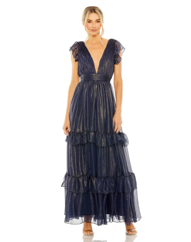 Navy Ruched Top Flutter Sleeve Deep V Gown sold by Mac Duggal