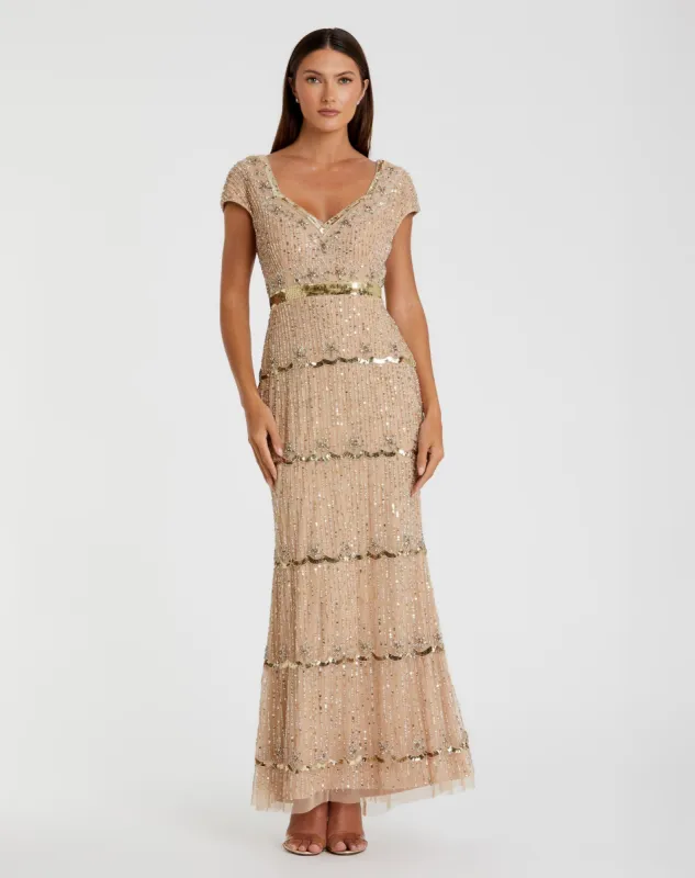 Gold Sequin Cap Sleeve Sweetheart Column Gown sold by Mac Duggal