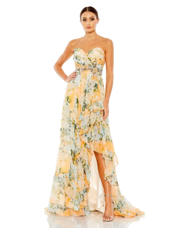 Yellow Ruffled Asymmetrical Hem Strapless Gown sold by Mac Duggal