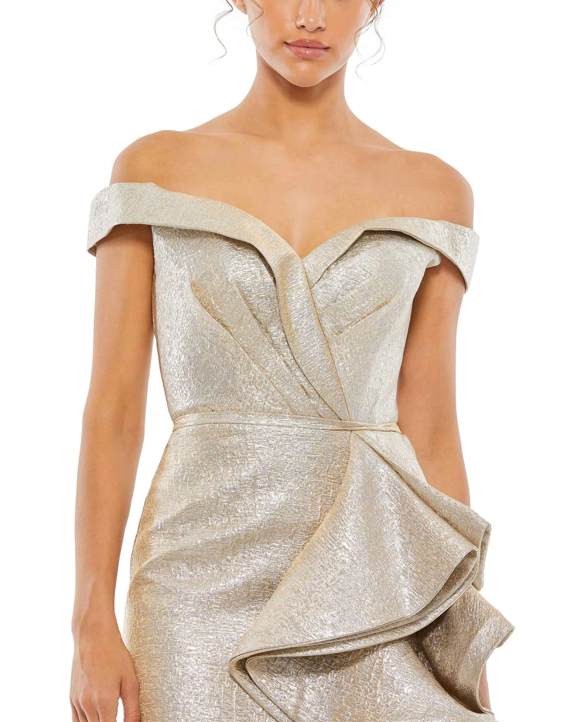 Metallic Off Shoulder Side Ruffle Mini Dress sold by Mac Duggal product image thumbnail 2