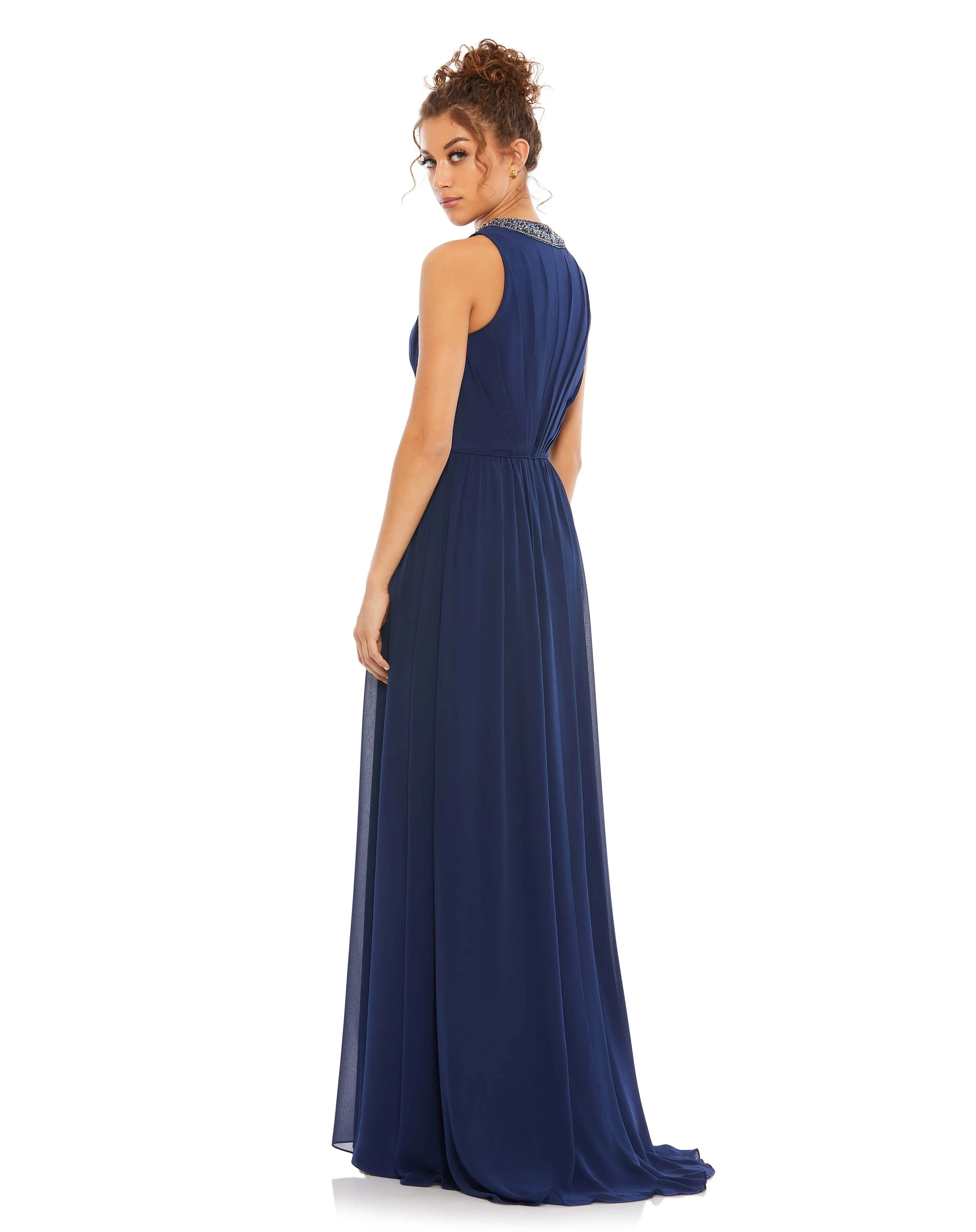 Navy Bejeweled Neckline Pleated Chiffon Gown sold by Mac Duggal product image thumbnail 3