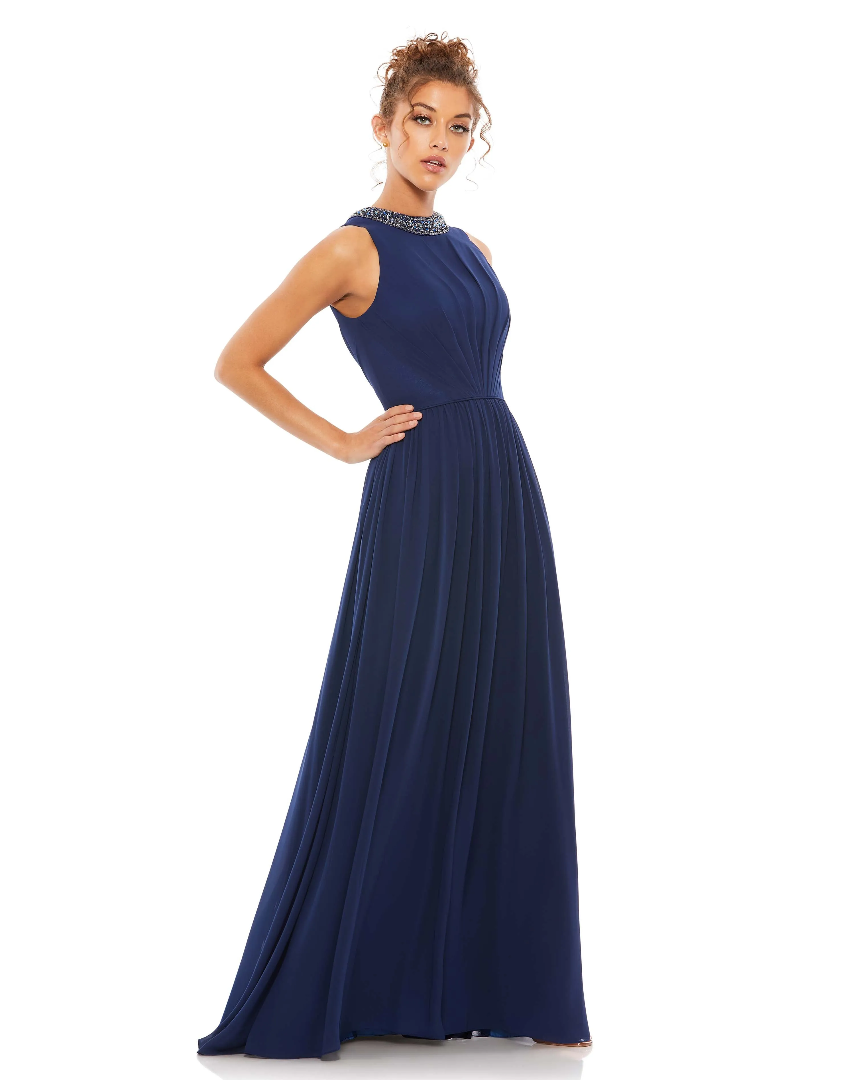Navy Bejeweled Neckline Pleated Chiffon Gown sold by Mac Duggal