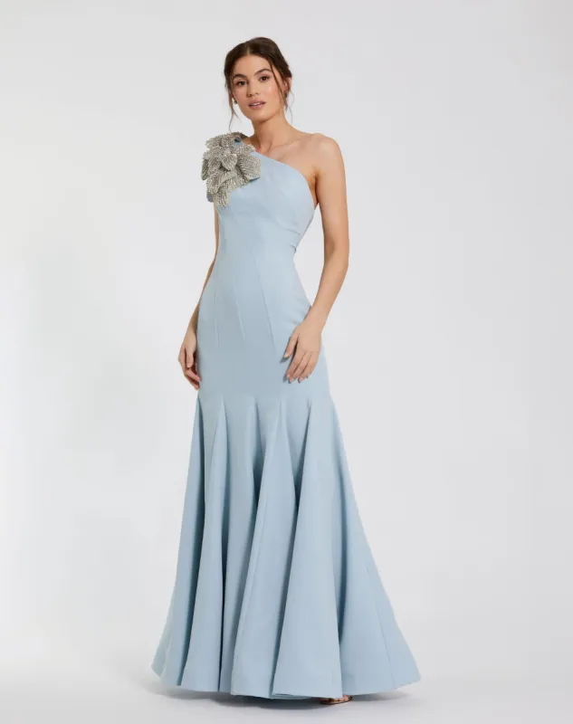 Blue Crepe One Shoulder Gown With Crystal Flower sold by Mac Duggal