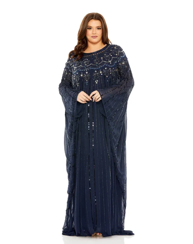 Navy Embellished Long Sleeve Trapeze Gown sold by Mac Duggal