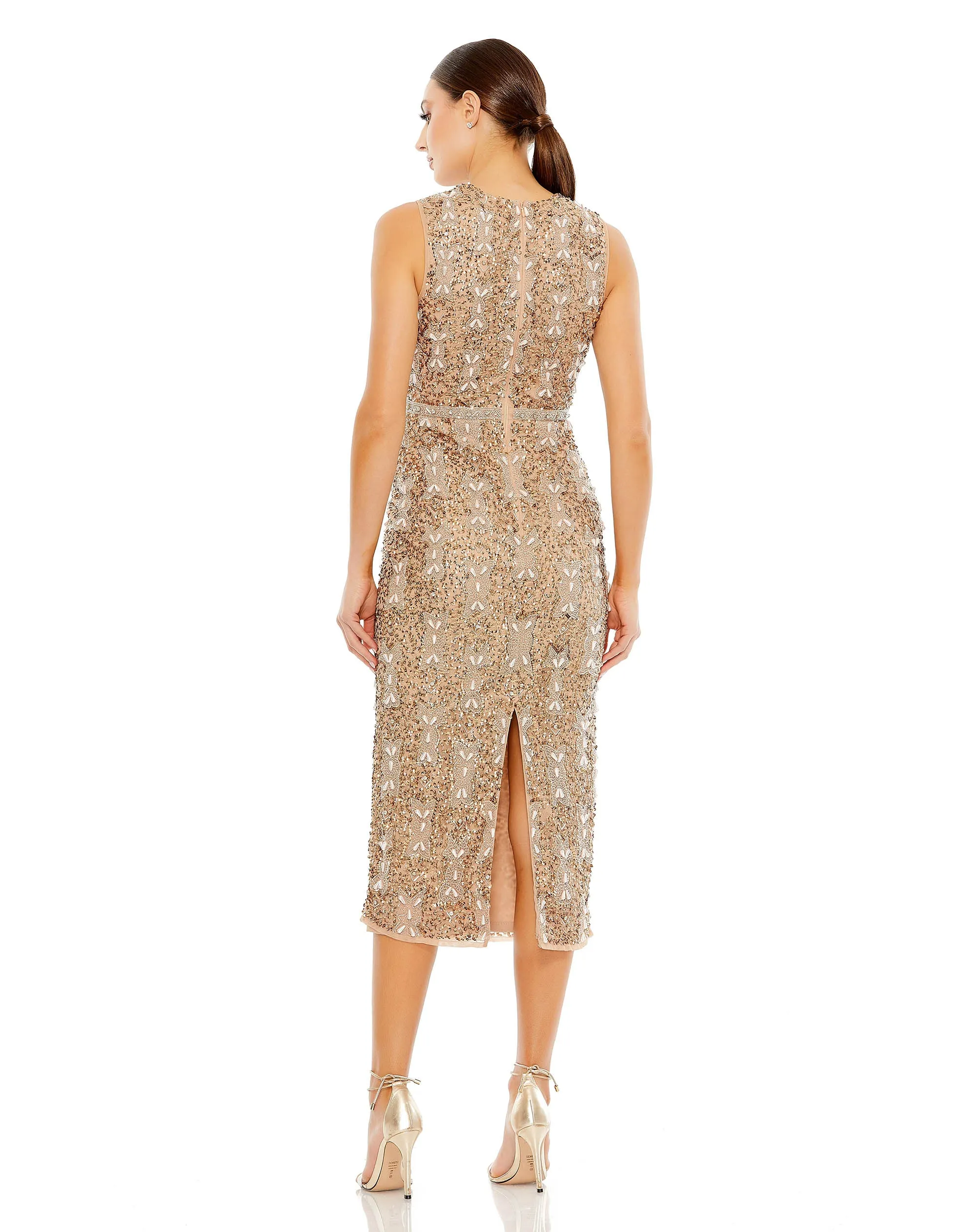 Beige Embellished High Neck Sleeveless A Line Dress sold by Mac Duggal product image thumbnail 3