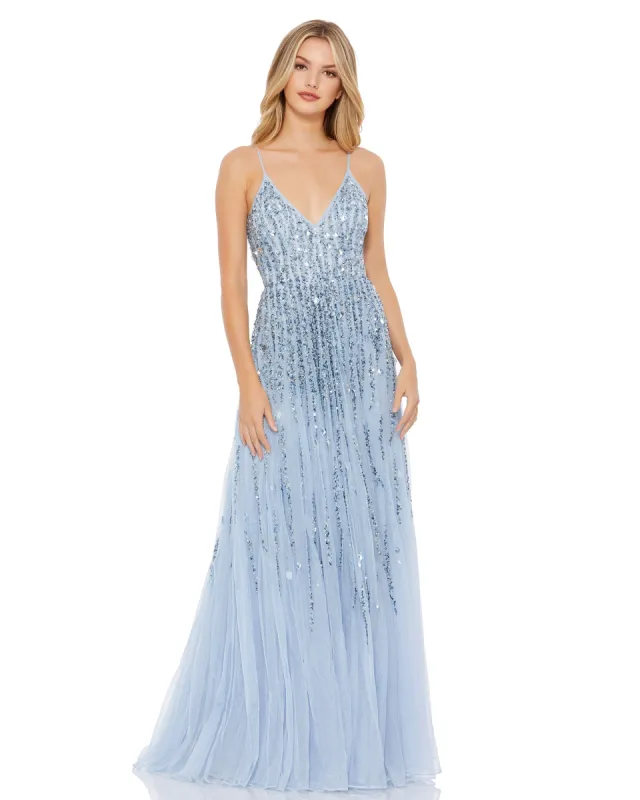 Blue Embellished V Neck Sleeveless A Line Gown sold by Mac Duggal