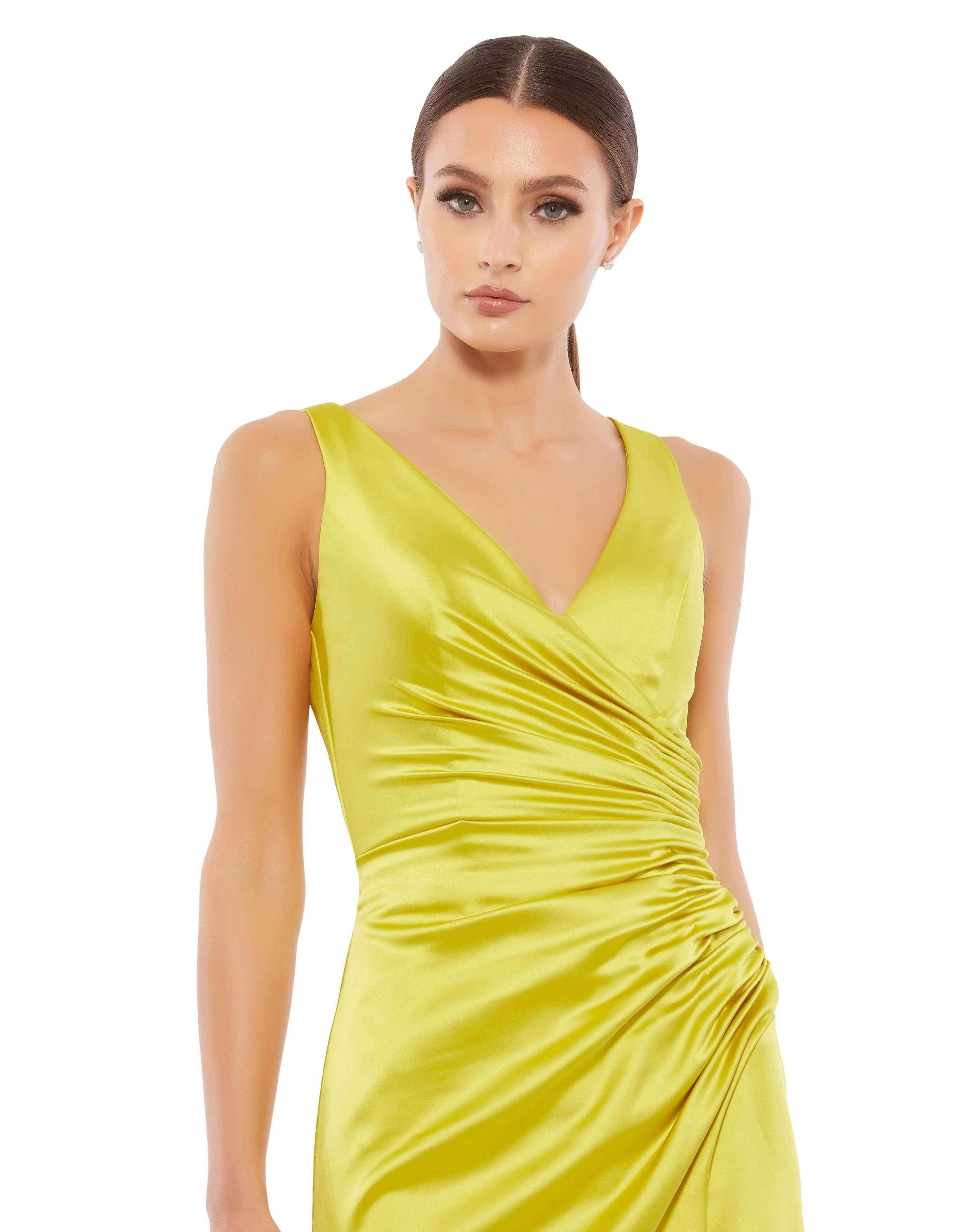 Green Satin Ruched V-Neck Faux Wrap Midi Dress sold by Mac Duggal product image thumbnail 2