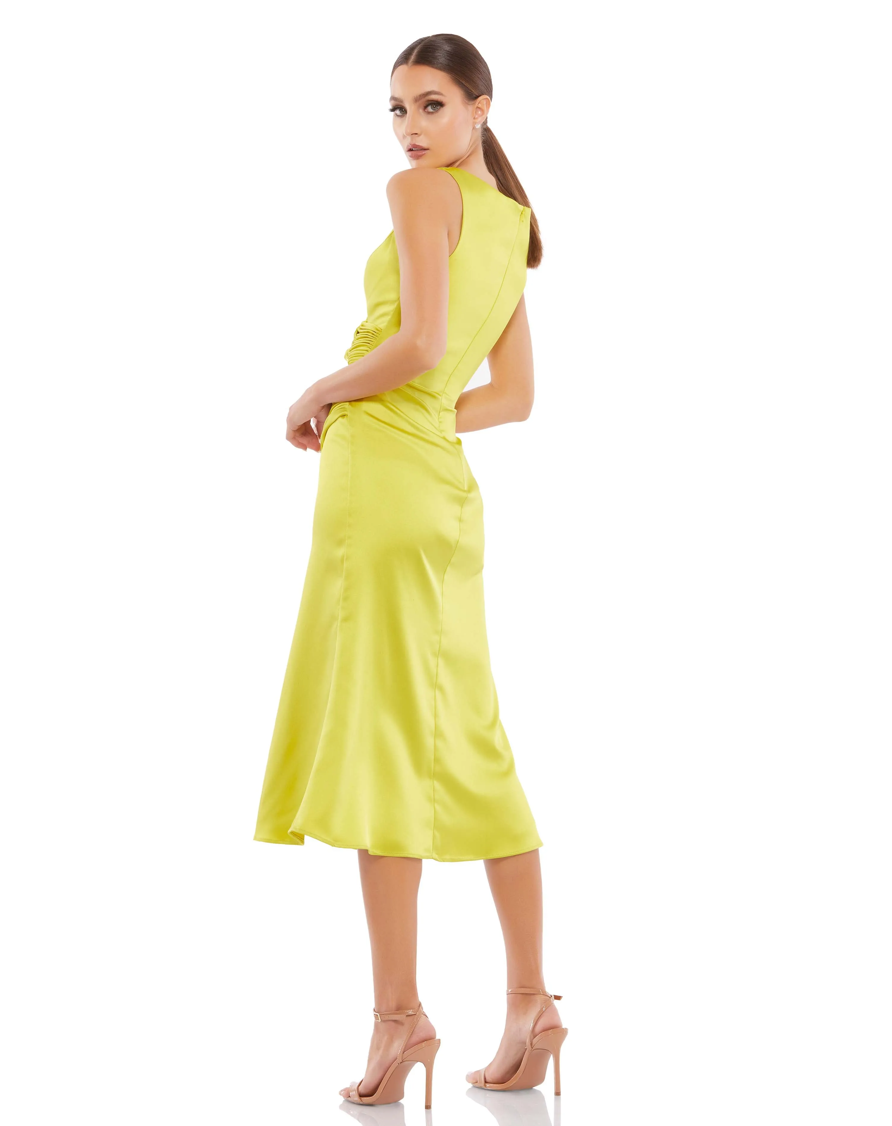 Green Satin Ruched V-Neck Faux Wrap Midi Dress sold by Mac Duggal product image thumbnail 3
