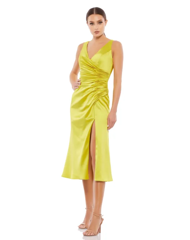 Green Satin Ruched V-Neck Faux Wrap Midi Dress sold by Mac Duggal