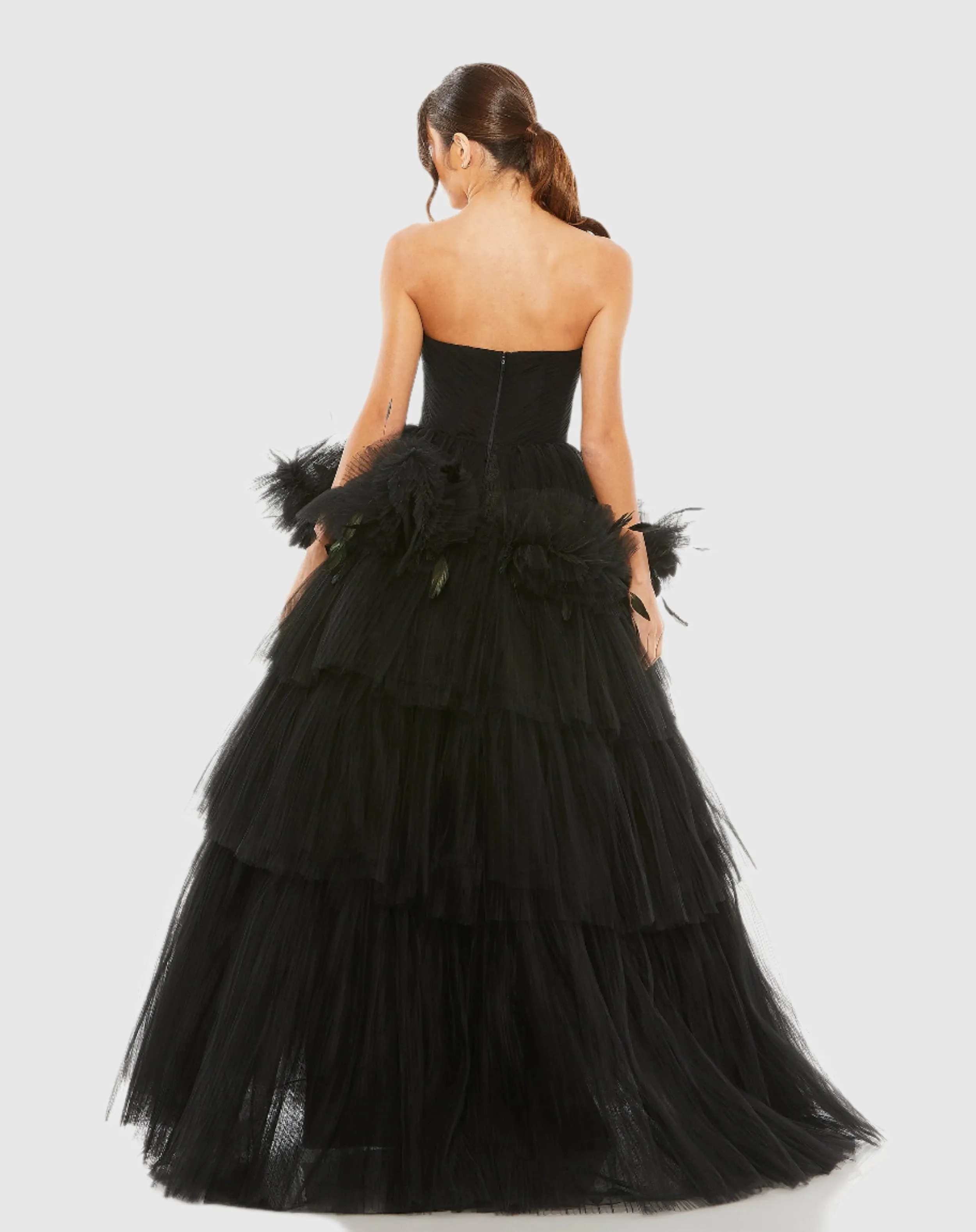 Black Strapless Tulle Gown with Feather Detail sold by Mac Duggal product image thumbnail 3