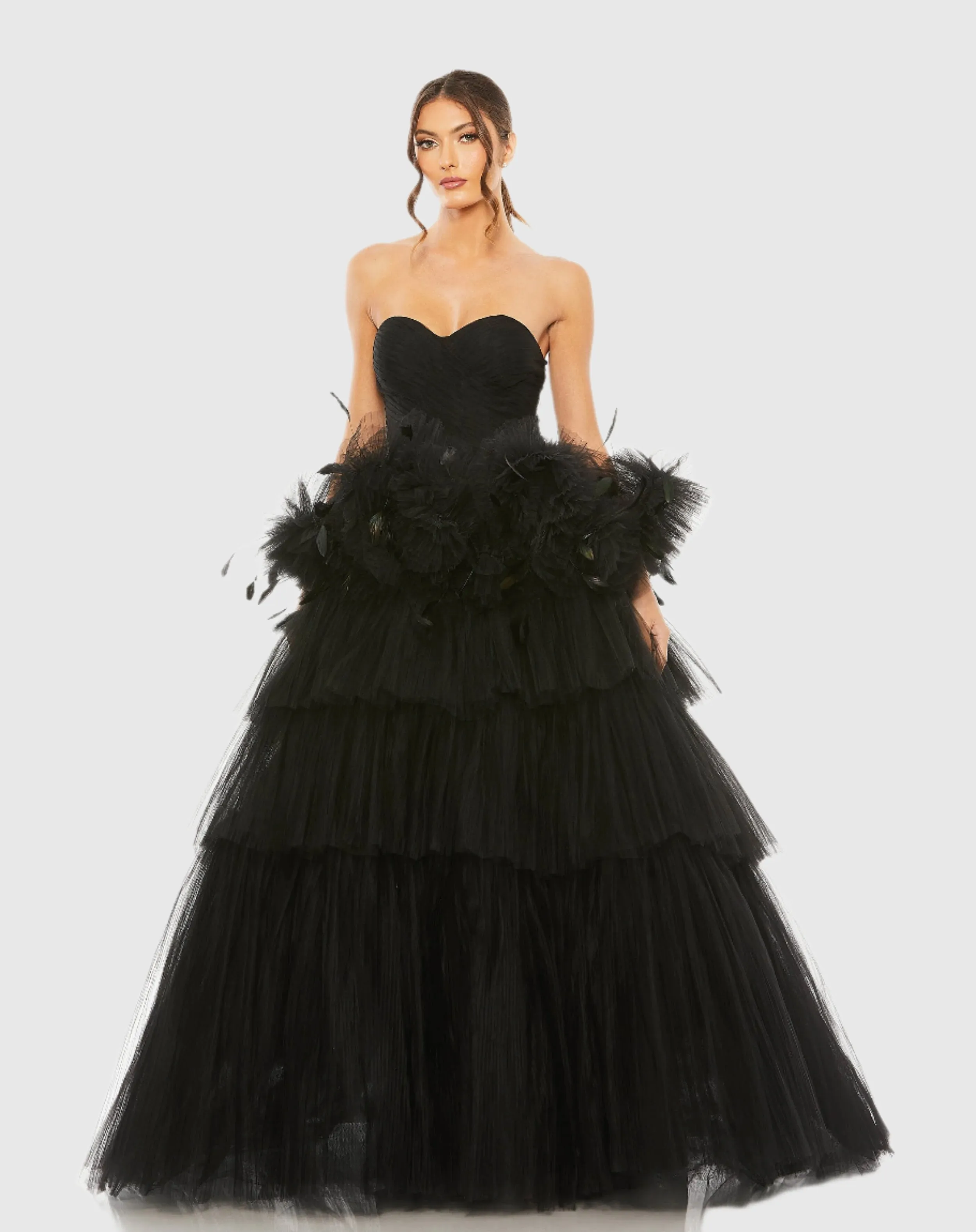 Black Strapless Tulle Gown with Feather Detail sold by Mac Duggal