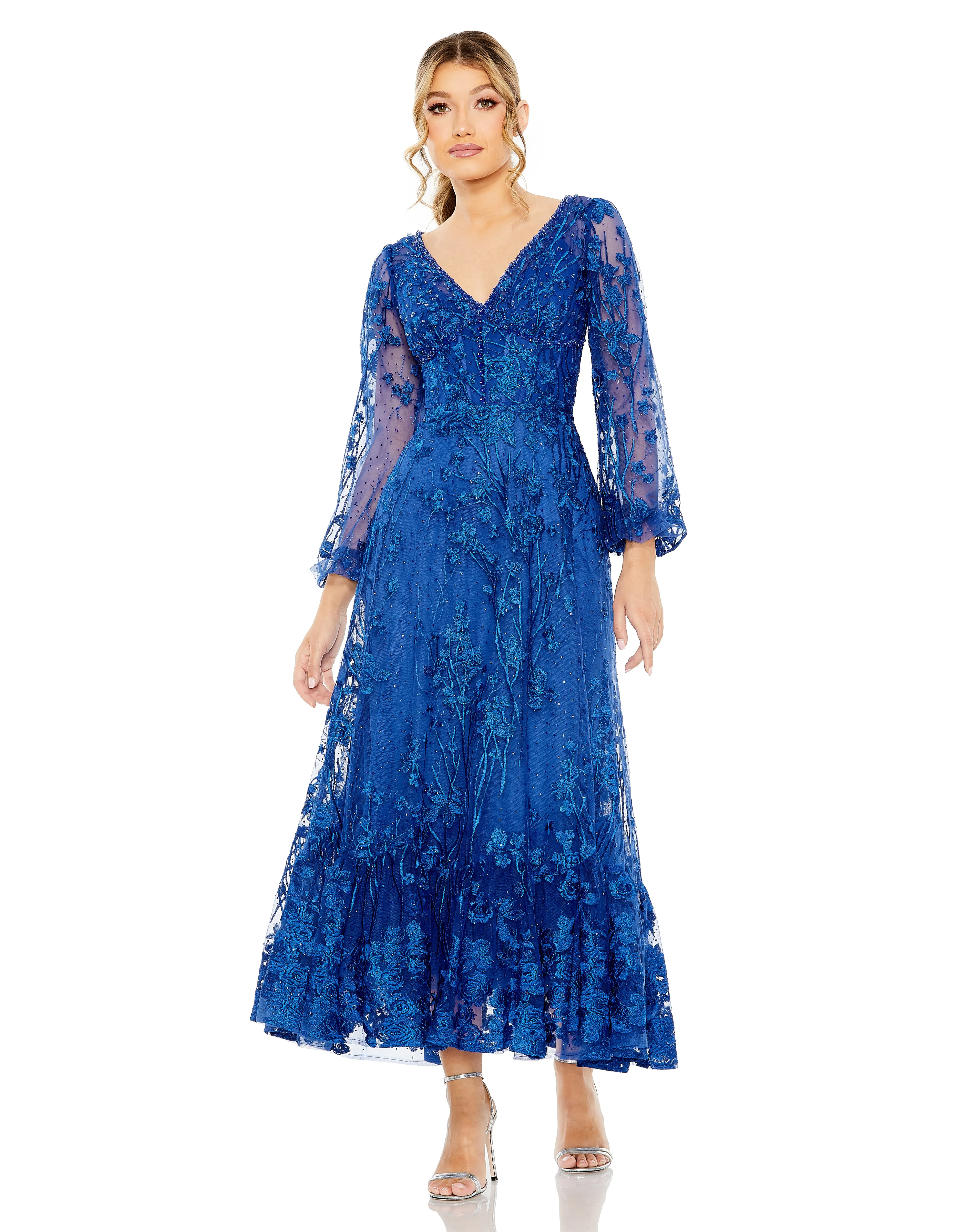 Blue V-Neck Embroidered A-line Tea Length Dress sold by Mac Duggal product image thumbnail 4