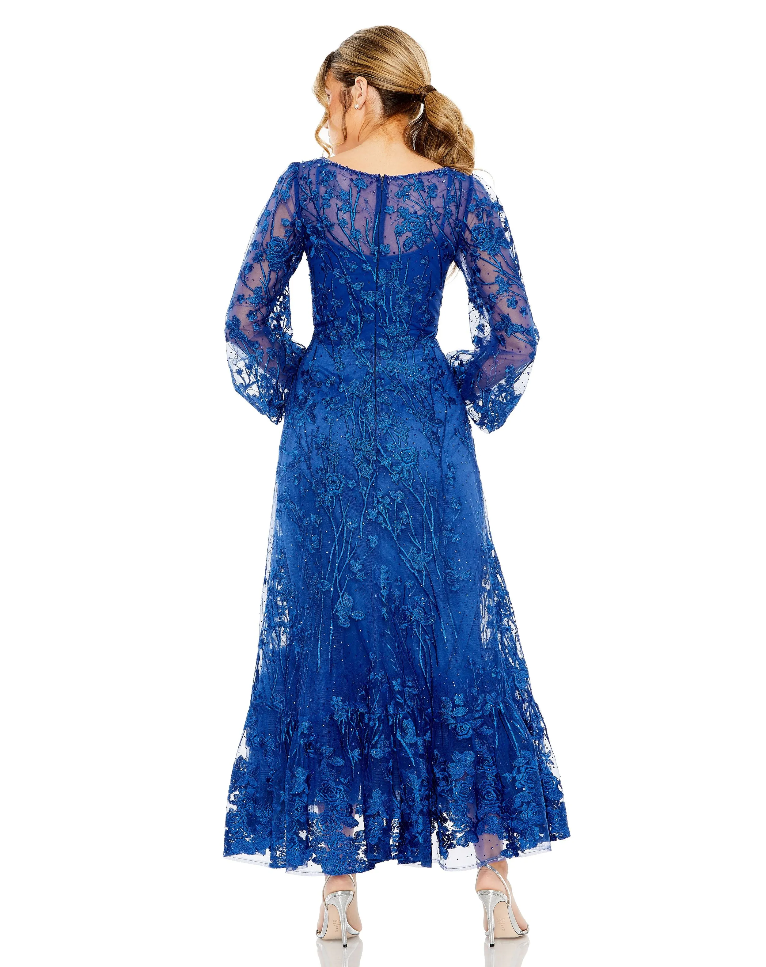 Blue V-Neck Embroidered A-line Tea Length Dress sold by Mac Duggal product image thumbnail 5