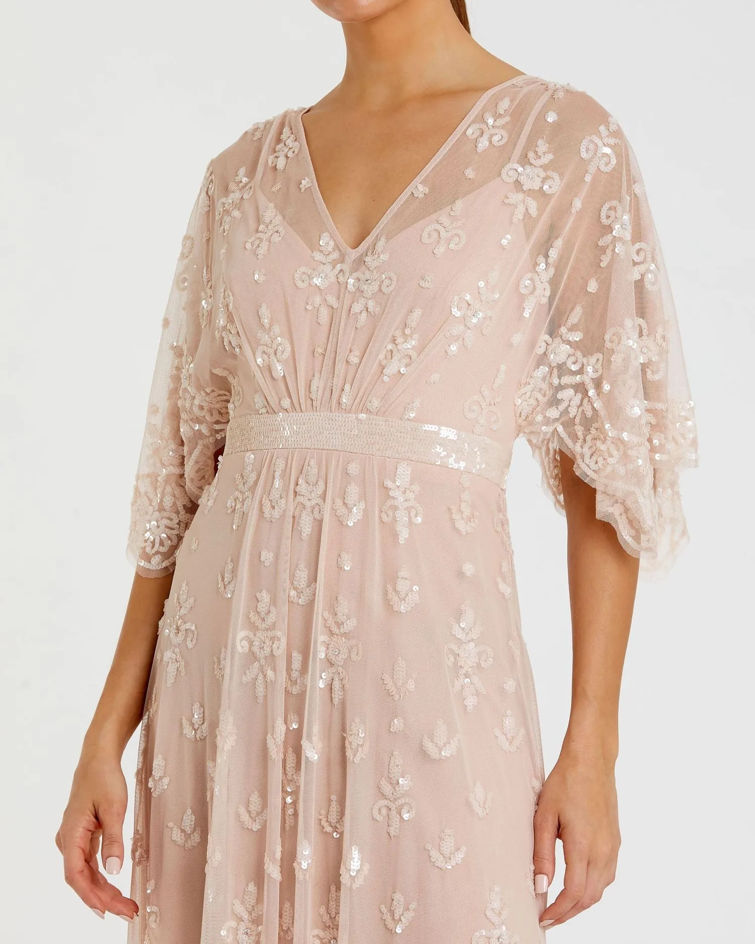 Pink V Neck Flounce Sleeve Embellished Mesh Gown sold by Mac Duggal product image thumbnail 2