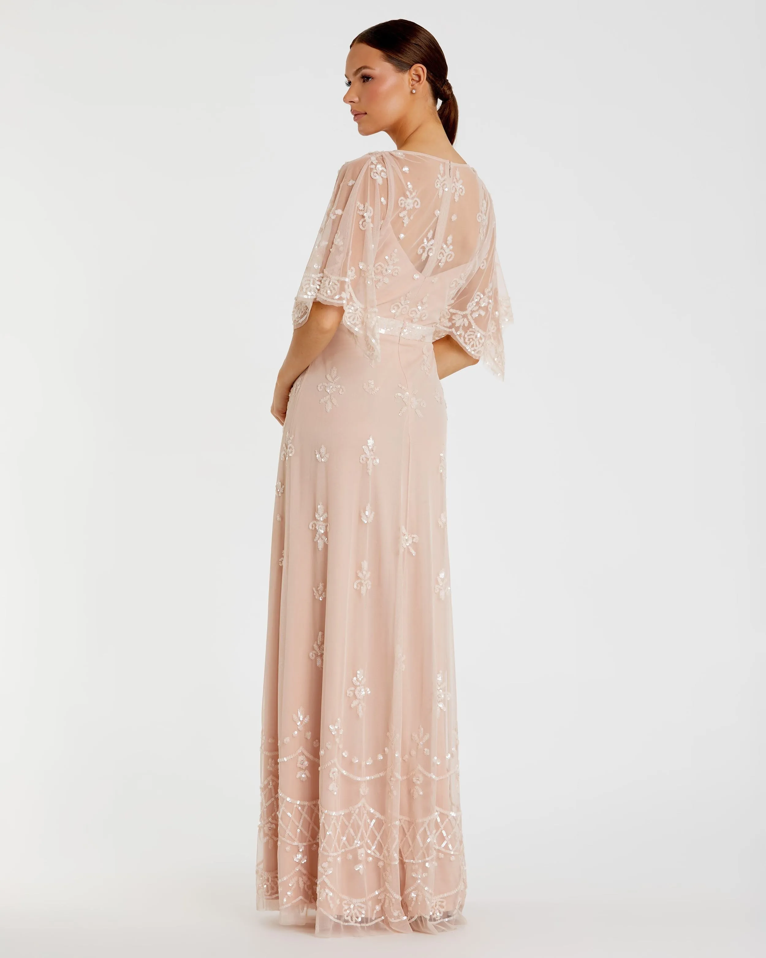 Pink V Neck Flounce Sleeve Embellished Mesh Gown sold by Mac Duggal product image thumbnail 3