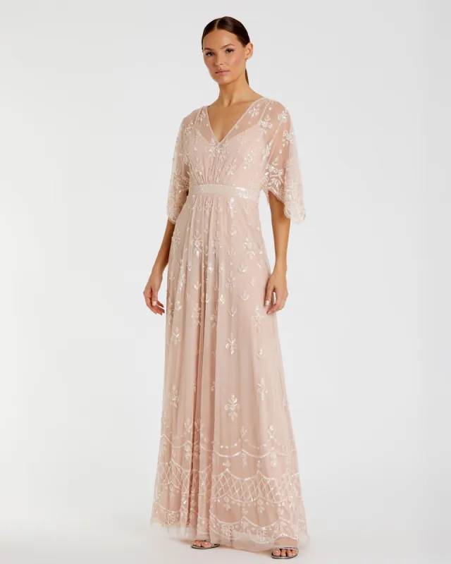 Pink V Neck Flounce Sleeve Embellished Mesh Gown sold by Mac Duggal