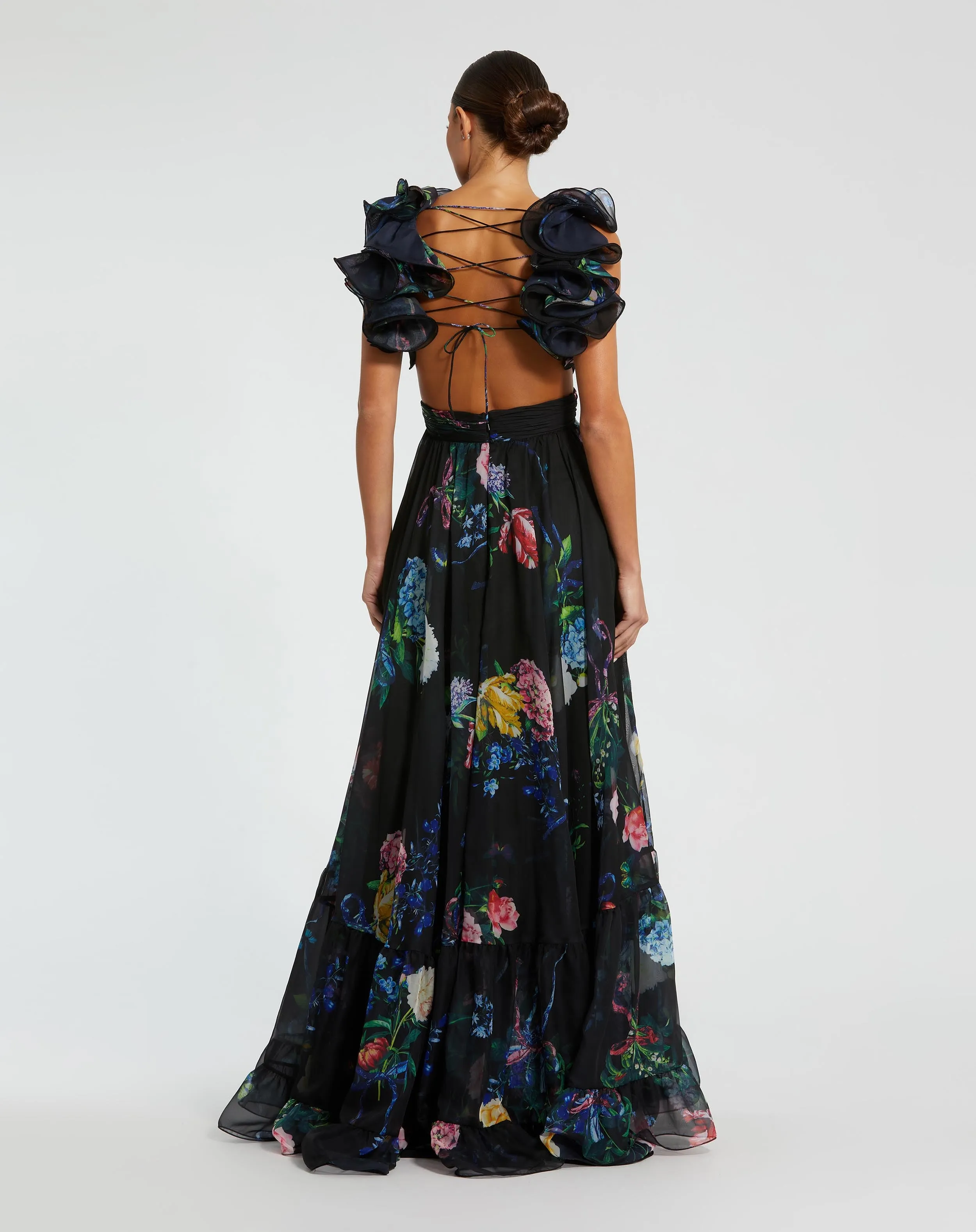 Black Ruffle Tiered Floral Cut-Out Chiffon Gown sold by Mac Duggal product image thumbnail 3