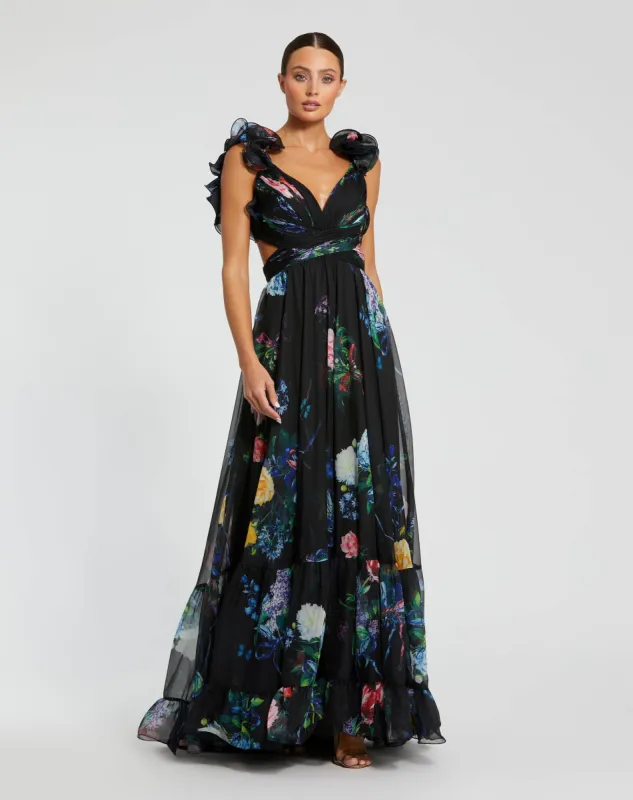 Black Ruffle Tiered Floral Cut-Out Chiffon Gown sold by Mac Duggal