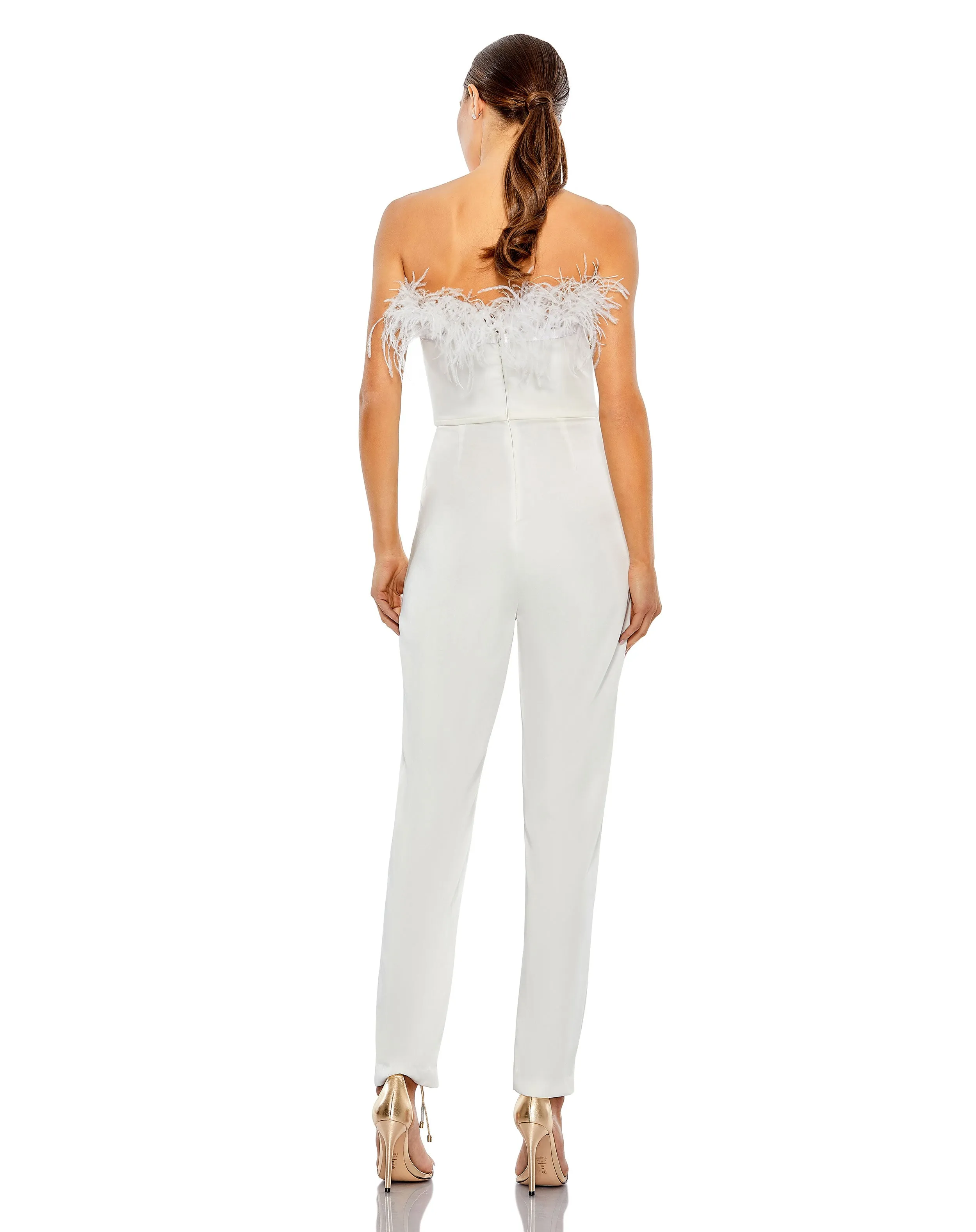 White Strapless Jumpsuit with Feather Trim sold by Mac Duggal product image thumbnail 3