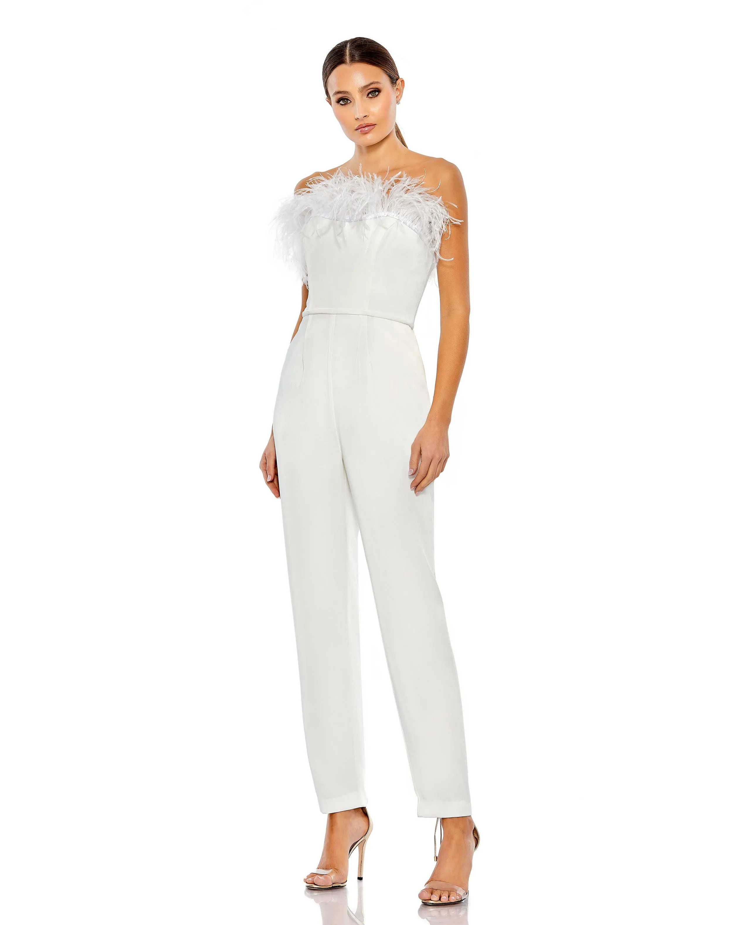 White Strapless Jumpsuit with Feather Trim sold by Mac Duggal