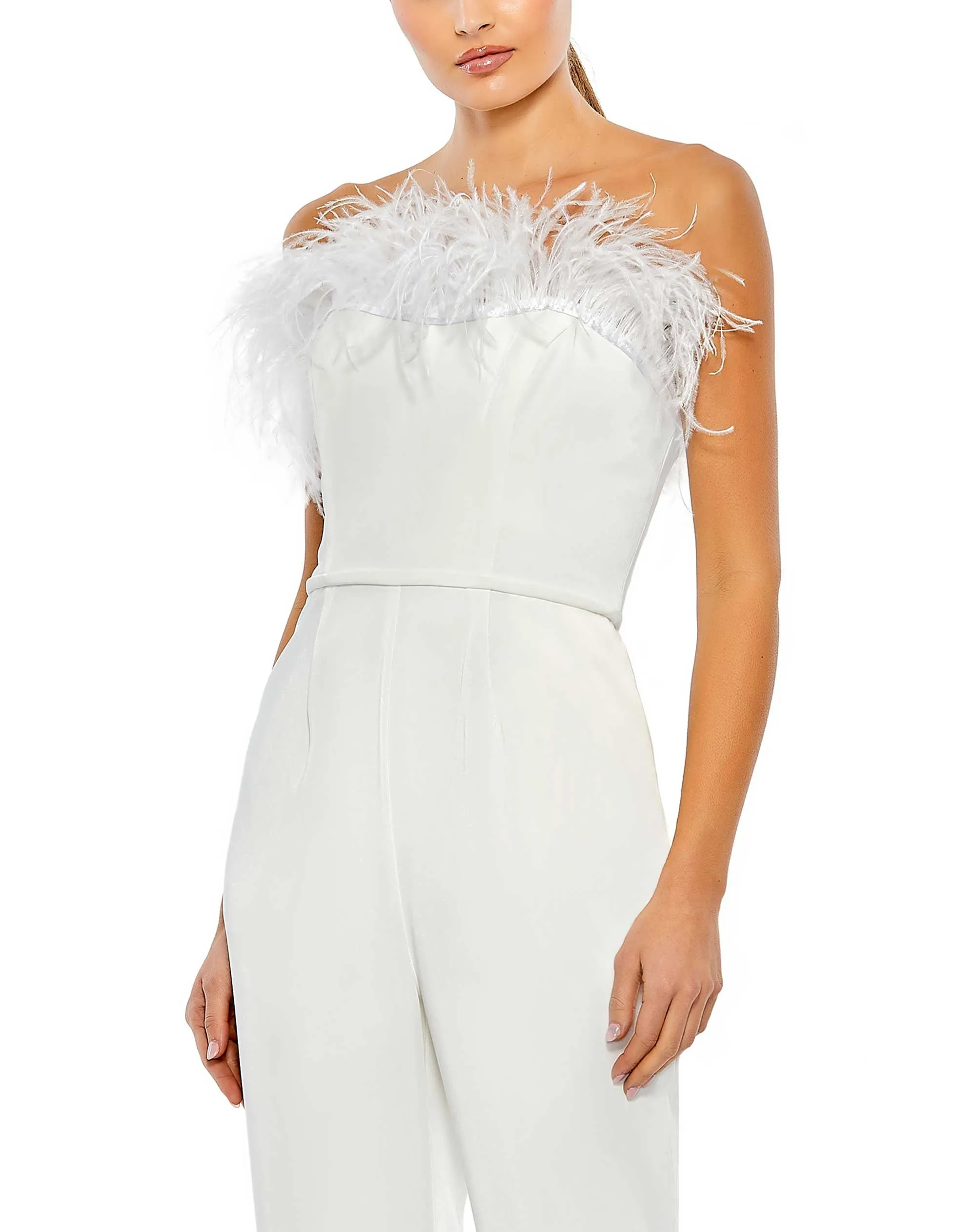 White Strapless Jumpsuit with Feather Trim sold by Mac Duggal product image thumbnail 2