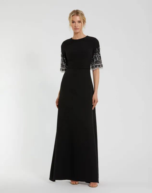 Black Crepe A Line Gown With Beaded 3/4 Sleeves sold by Mac Duggal