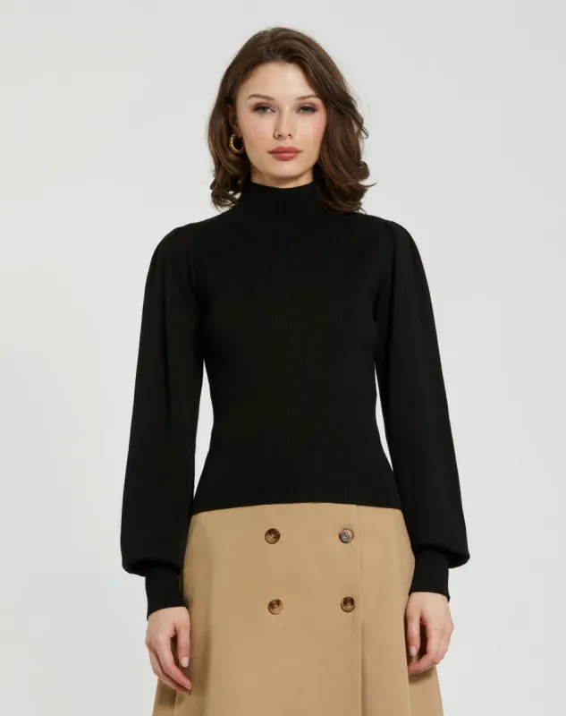 Black Ribbed Knit Balloon Sleeve Turtle Neck Sweater - FINAL SALE sold by Mac Duggal