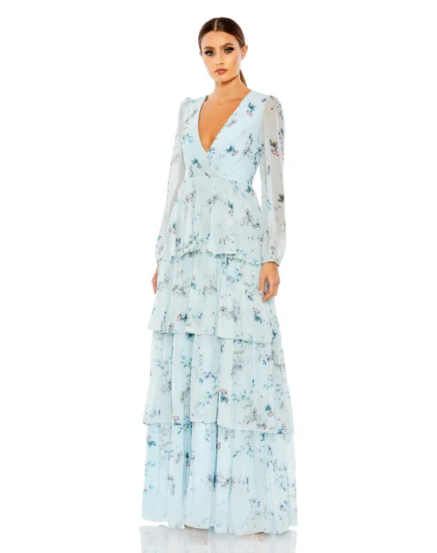 Ruffle Tiered Floral Print Illusion Long Sleeve Gown sold by Mac Duggal