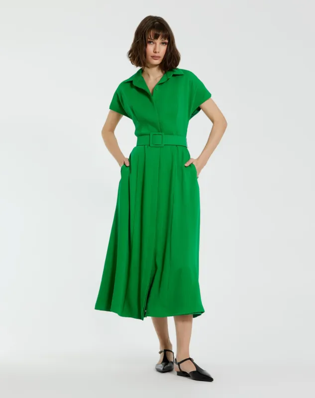 Green Crepe Collared Short Sleeve Midi Dress With Belt sold by Mac Duggal