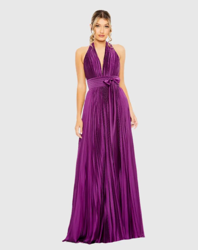 Purple Pleated Halter Neck Gown with Center Bow sold by Mac Duggal
