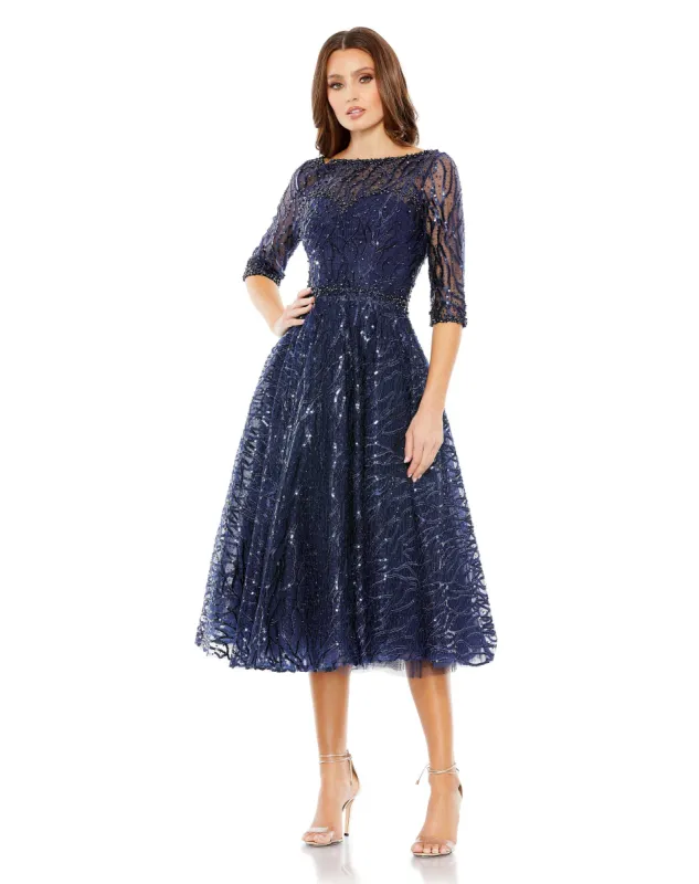 Navy Embellished 3/4 Sleeve A Line Dress sold by Mac Duggal